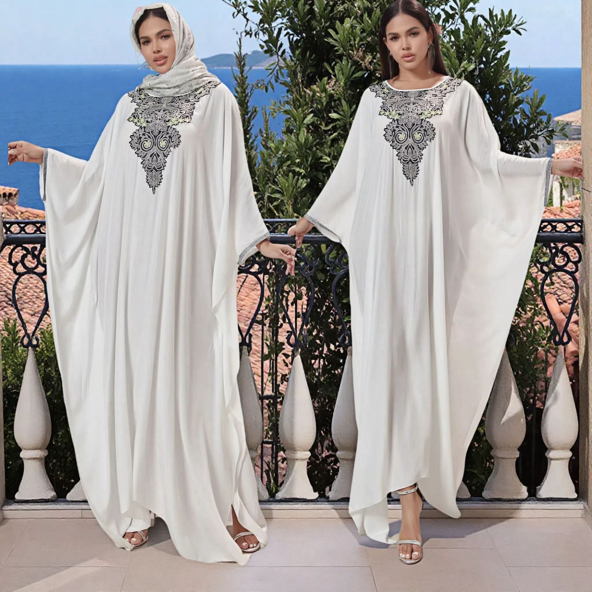 Women's Middle East Muslim Long Robe Heavy Embroidery Splicing Lace Dress Gown - Classyfashion24.com