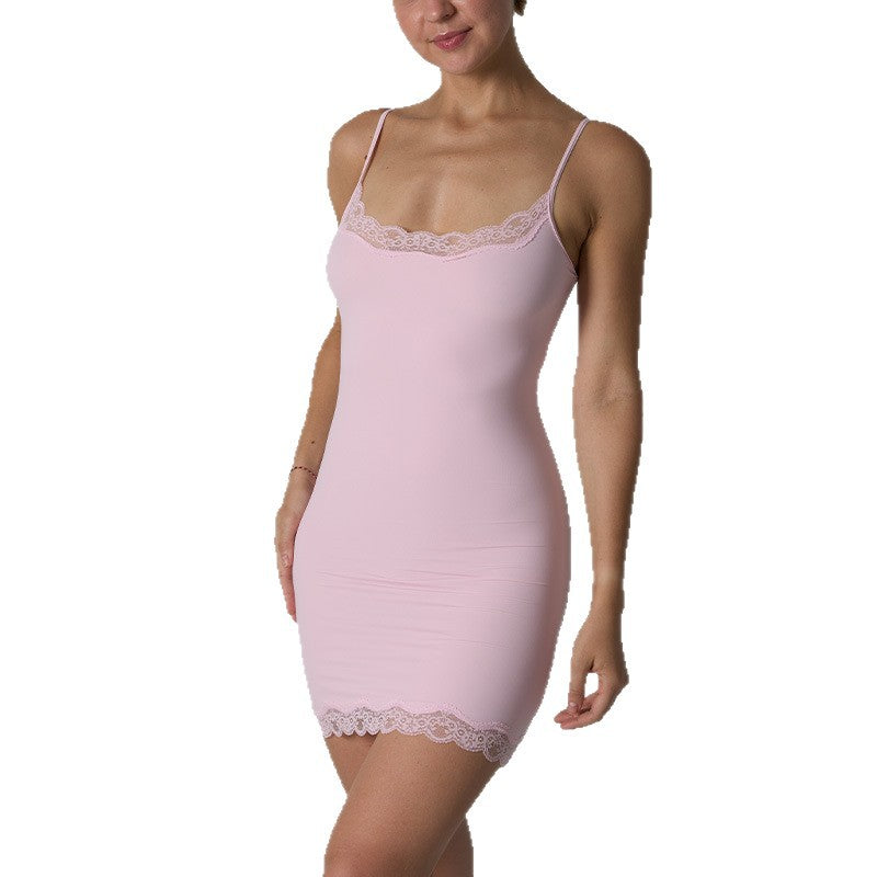 Customised Lace Slip Dress by classyfashionz in soft pink, featuring lace trim and a fitted, high-elasticity design.
