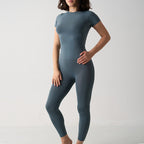 Seamless 2-Piece Activewear Set featuring a short sleeve sport t-shirt and long leggings in a stylish blue-gray color.