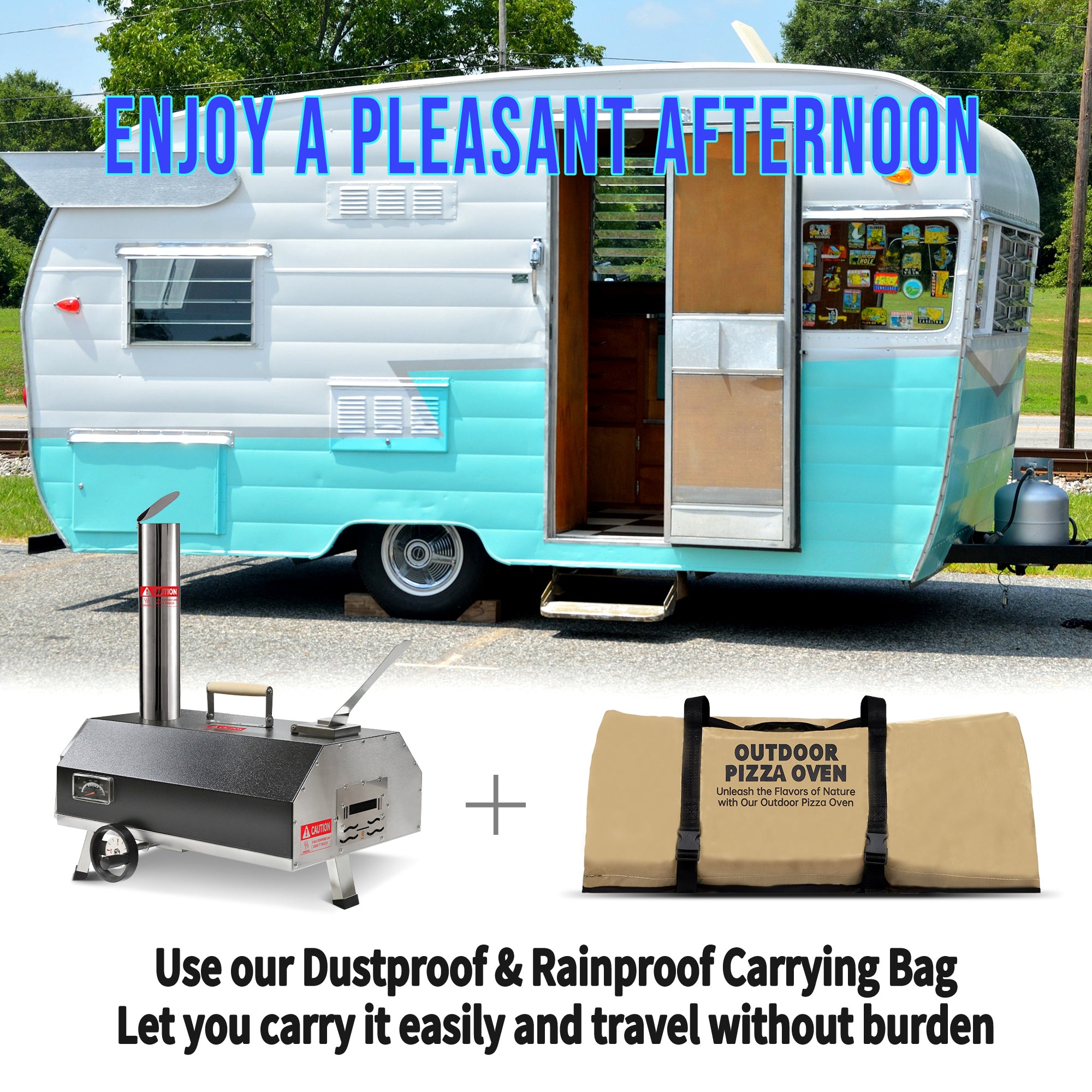 Portable 12" Wood-Fired Outdoor Pizza Oven with Rotating Turntable, shown with a carrying bag, set against a vintage trailer 