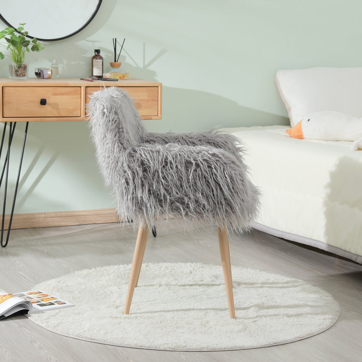 GREY Faux Fur Upholstered Make up chair Side Dining Chair with Metal Leg(GREY+Beech Metal Leg)