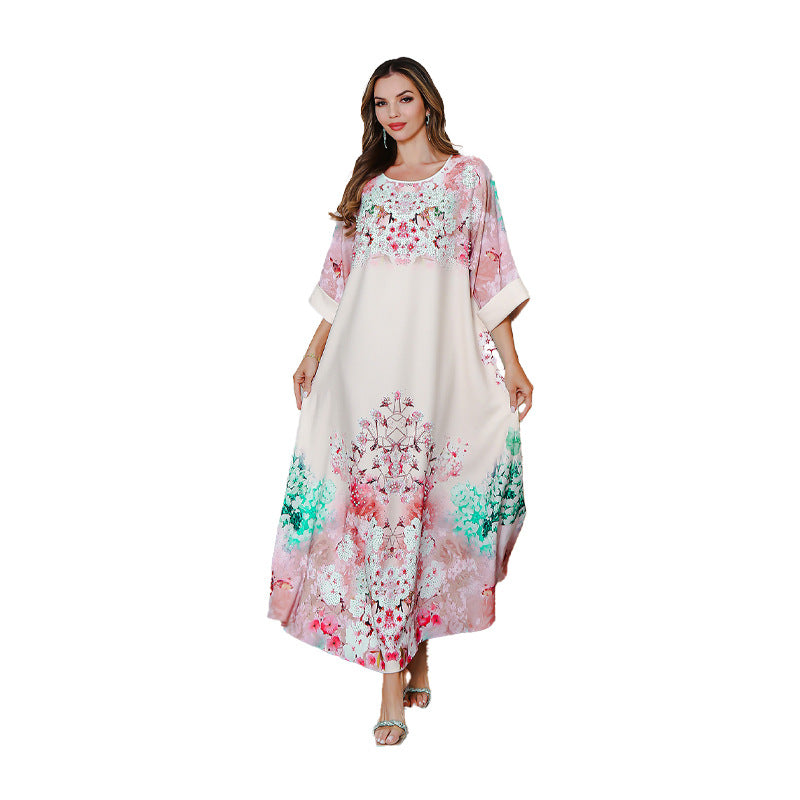 Summer New Muslim Printed Dress Party Middle East Long Dress Abaya Sequined Printed Robe - Classyfashion24.com
