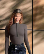 Ribbed Long Sleeve Bodysuit with Front Zip - Classyfashion24.com