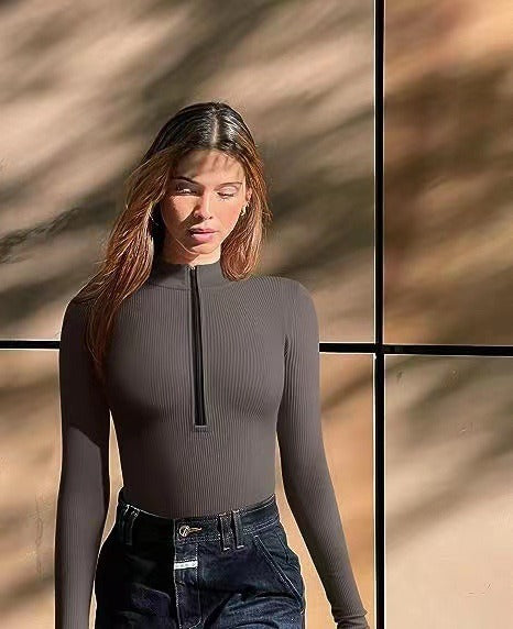 Ribbed Long Sleeve Bodysuit with Front Zip