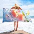 Plus Size Microfiber Beach Towel by classyfashionz, oversized 63"x32", featuring a vibrant peach design against a beach backd