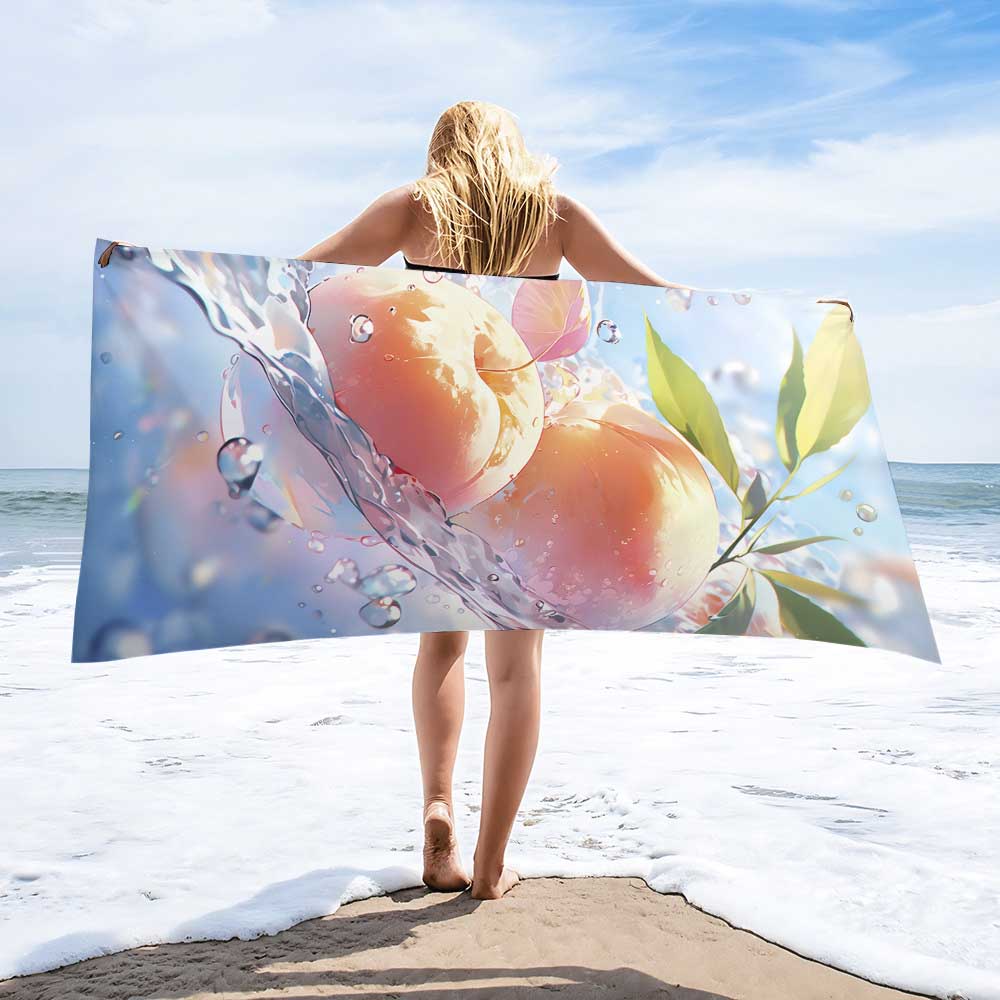 Plus Size Microfiber Beach Towel by classyfashionz, oversized 63"x32", featuring a vibrant peach design against a beach backd