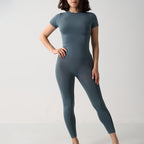 Seamless 2-Piece Activewear Set featuring a short sleeve sport t-shirt and long leggings in a muted blue color.