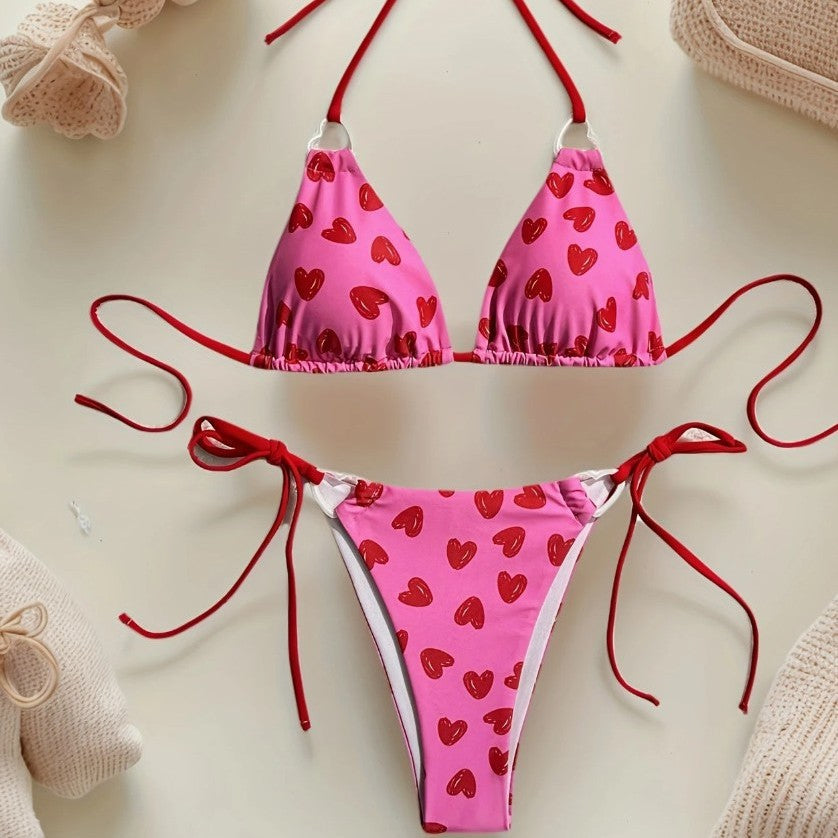 sexy two-piece swimsuit for women, backless halter neck tied bikini with print triangle bikini - Classyfashion24.com