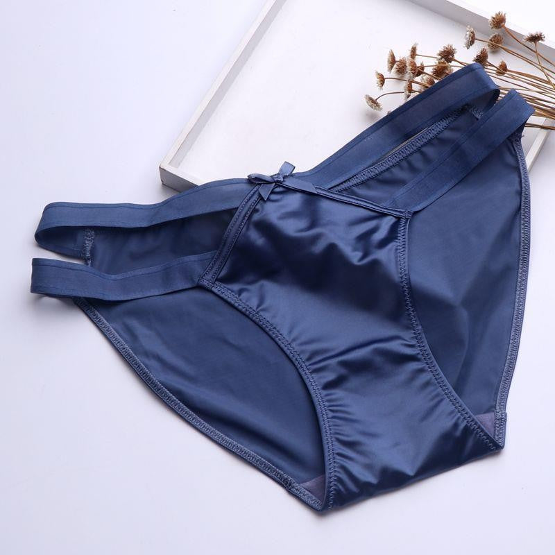 Satin Milk Silk girl underwear in navy blue, featuring a sexy hollow butterfly knot design and seamless, low-waist triangle c