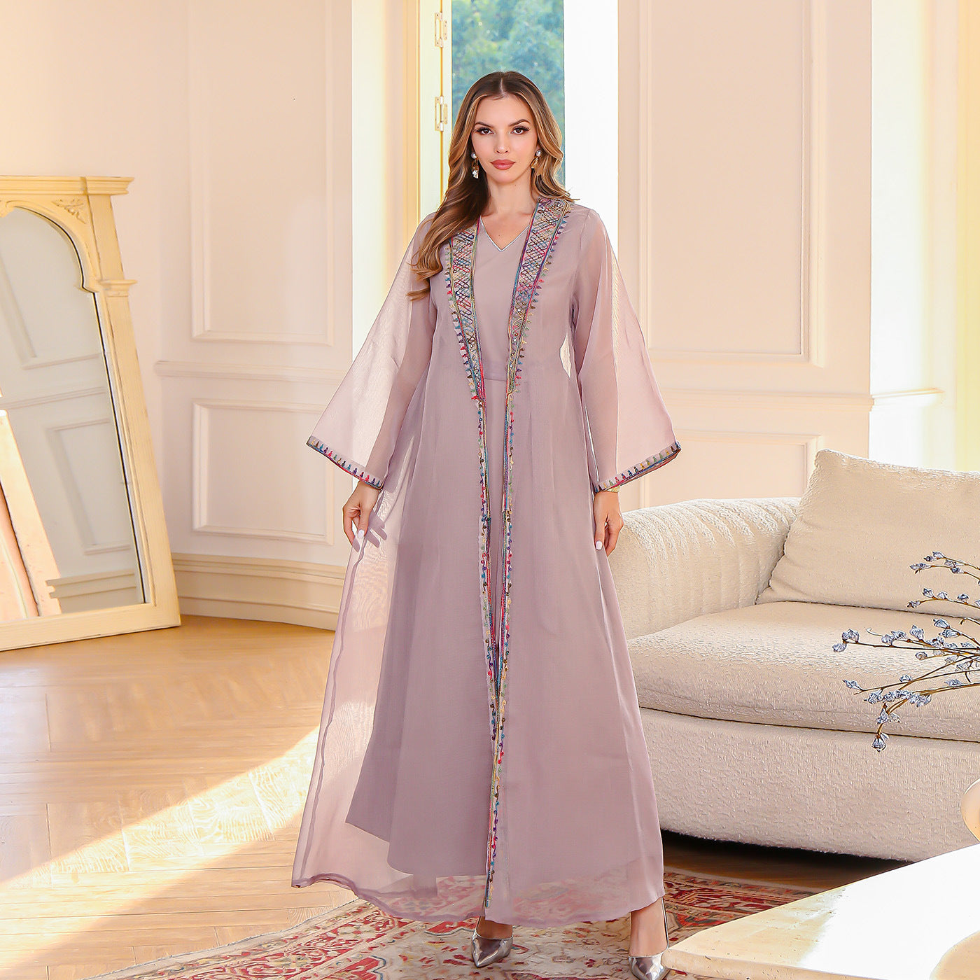 Muslim Two-Piece Dress Set Embroidered Mesh Long Dress Elegant Women's Maxi Dress - Classyfashion24.com