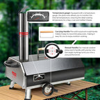 Portable 12" Wood-Fired Outdoor Pizza Oven with Rotating Turntable, featuring a temperature gauge, carrying handle, and manua