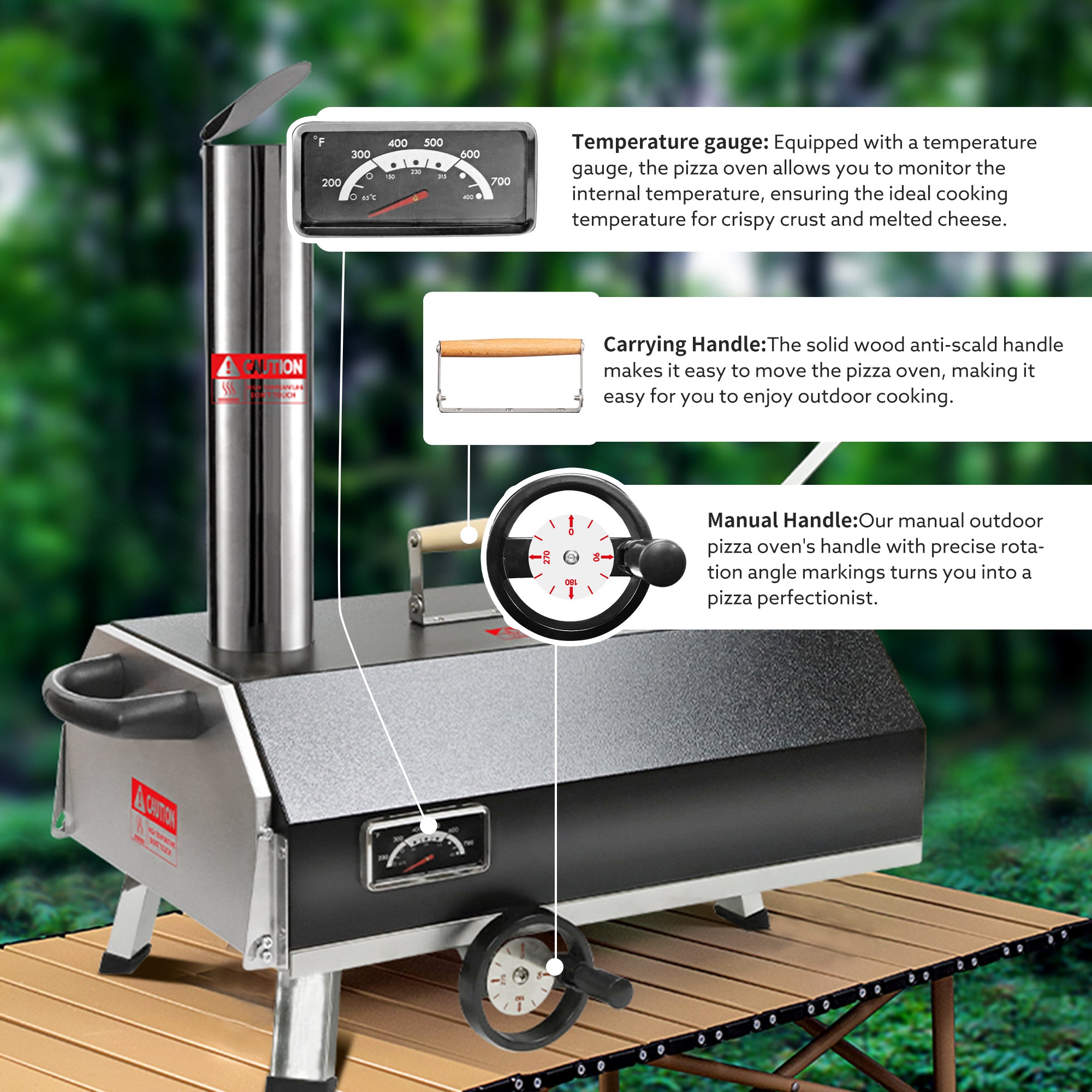 Portable 12" Wood-Fired Outdoor Pizza Oven with Rotating Turntable, featuring a temperature gauge, carrying handle, and manua