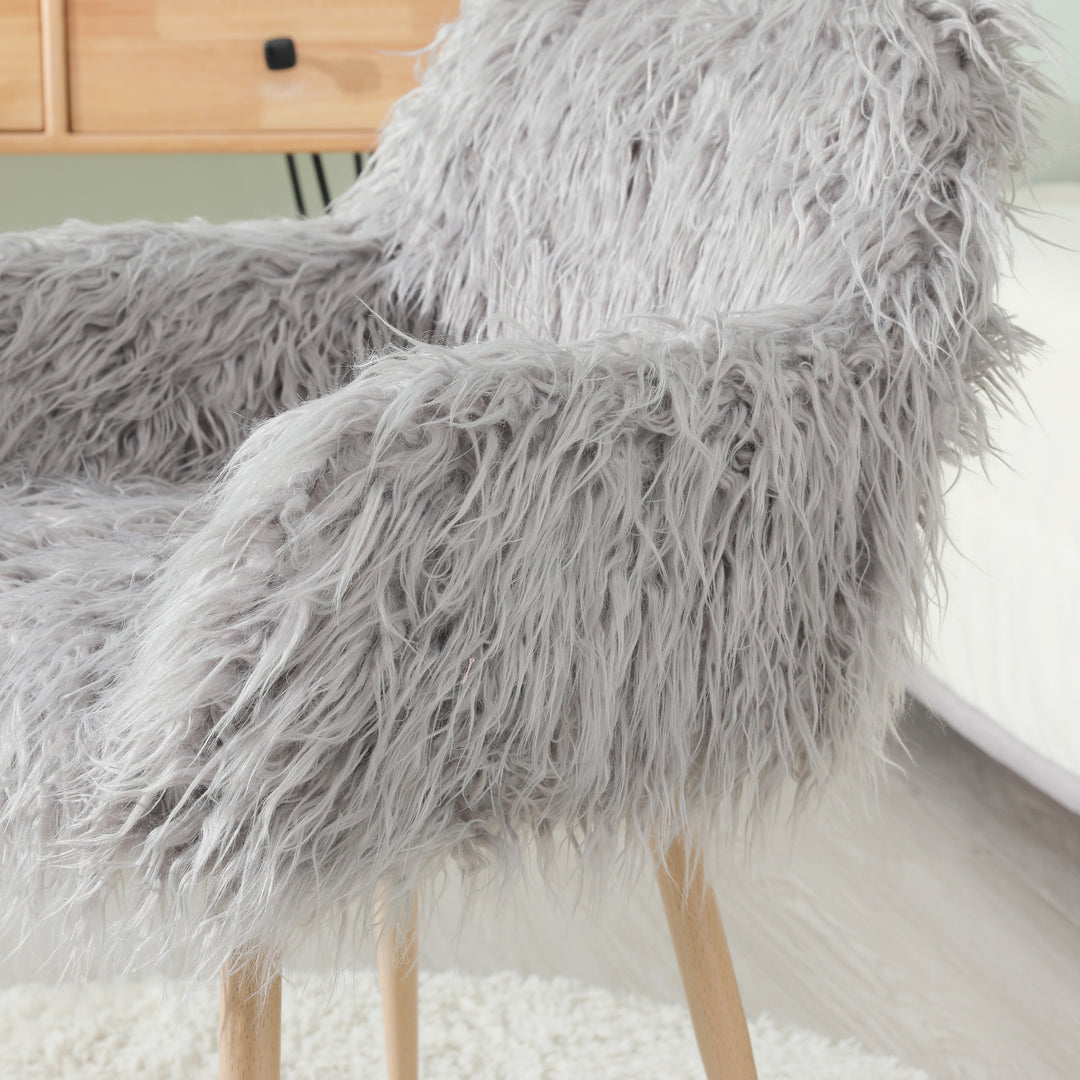 GREY Faux Fur Upholstered Make up chair Side Dining Chair with Metal Leg(GREY+Beech Metal Leg)