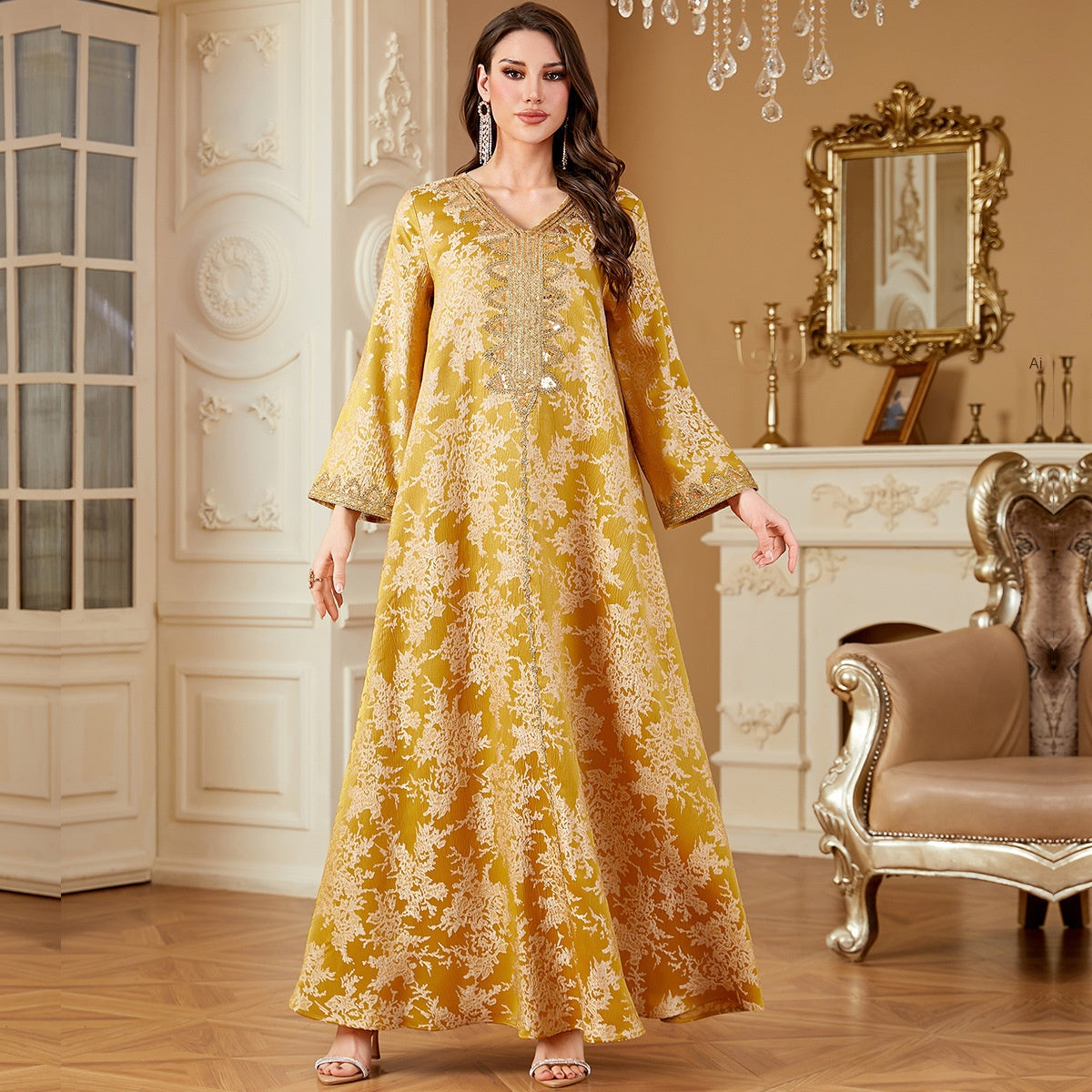 Muslim Long Robe Women's Embroidered Sequined V-neck Dress - Classyfashion24.com