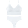 White gathered bra and matching thong set with thin triangle cups and adjustable straps, designed for comfort and style.