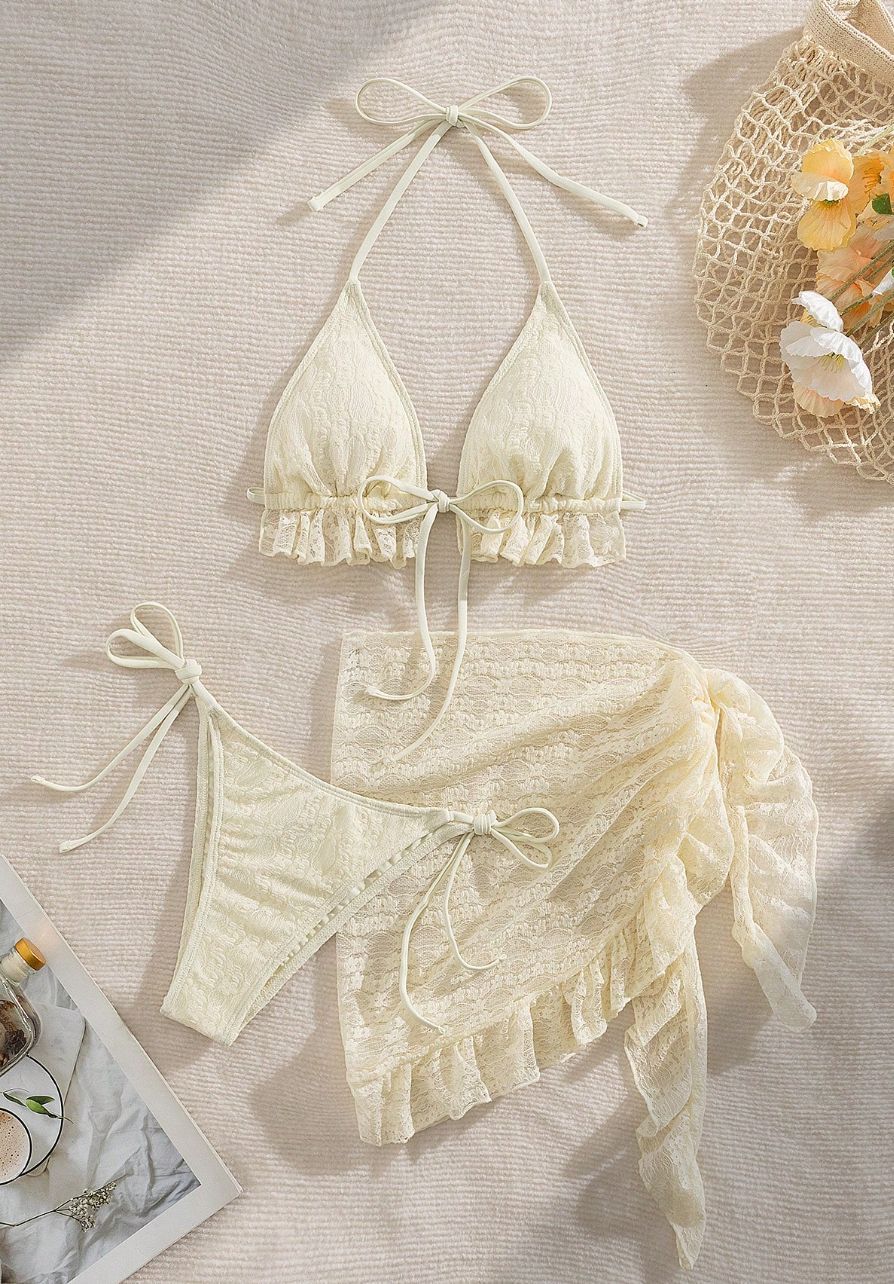 bikini three-piece swimsuit, sexy backless solid color lace tie-up separate swimsuit for women - Classyfashion24.com