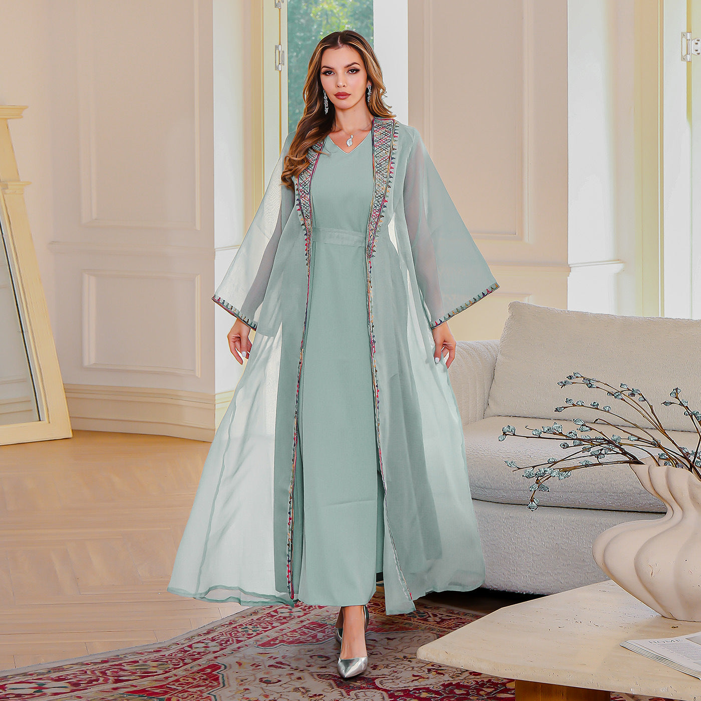 Muslim Two-Piece Dress Set Embroidered Mesh Long Dress Elegant Women's Maxi Dress - Classyfashion24.com