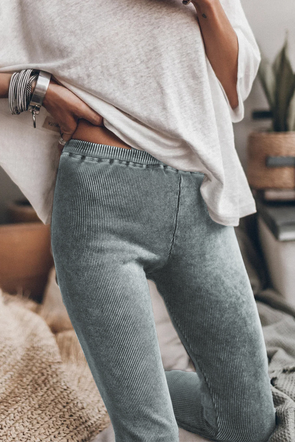 Dark Grey Vintage Wash Ribbed Leggings - Classyfashion24.com