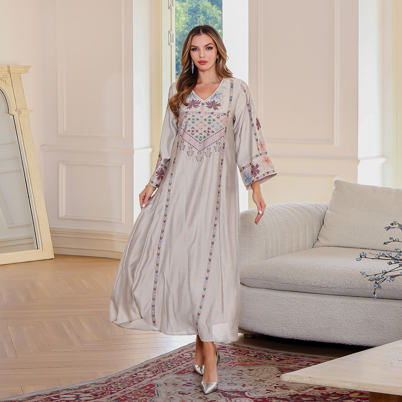 Elegant Muslim Dress Dubai Women's  Embroidered Beaded Long Robe - Classyfashion24.com