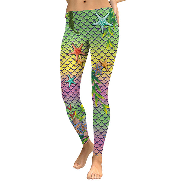 New Summer Mermaid Ocean Women Leggings Starfish Fish Scales Digital Print Leggins Green And Pink Workout Pants