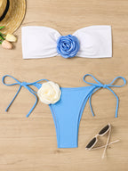 Color blocking 3D floral bikini split strapless lace up swimsuit - Classyfashion24.com