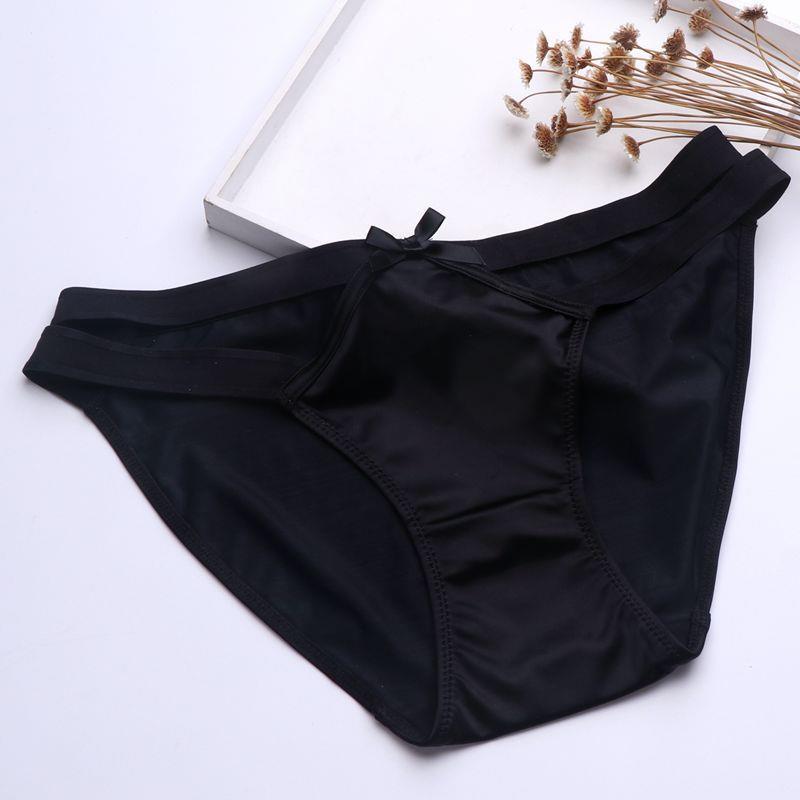 Black satin milk silk girl underwear featuring a sexy hollow butterfly knot design, seamless and hip-hugging low waist triang