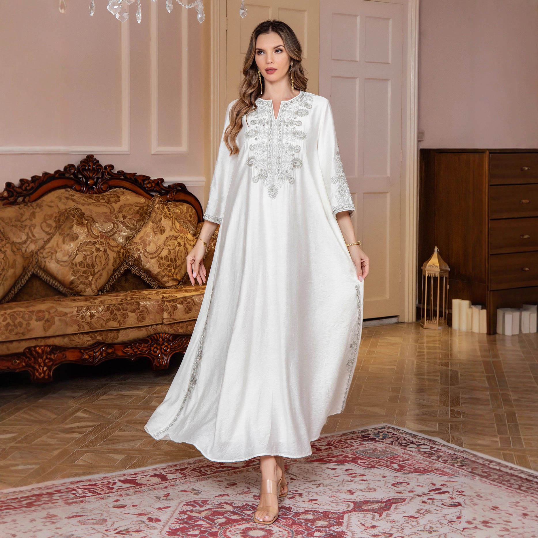 Middle Eastern Muslim Women's  with Rope Embroidery Dubai Long Dress Evening Gown, Arabic Saudi Embroidered Kaftan - Classyfashion24.com
