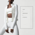 Women's Yoga Wear Suit – Nude Feel Three-Piece Sports & Fitness Set featuring a white jacket, crop top, and fitted trousers.