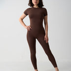 Seamless 2-Piece Activewear Set in brown, featuring a short sleeve sport t-shirt and long leggings, modeled by a woman.