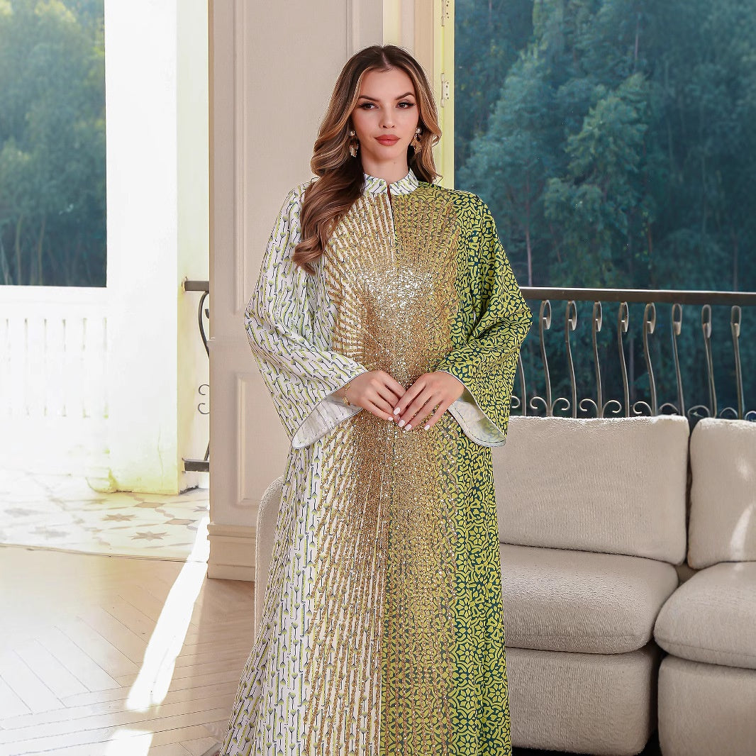 Summer Muslim Spliced Beaded Long Robe Middle Eastern Dubai Abaya Printed Maxi Dress - Classyfashion24.com