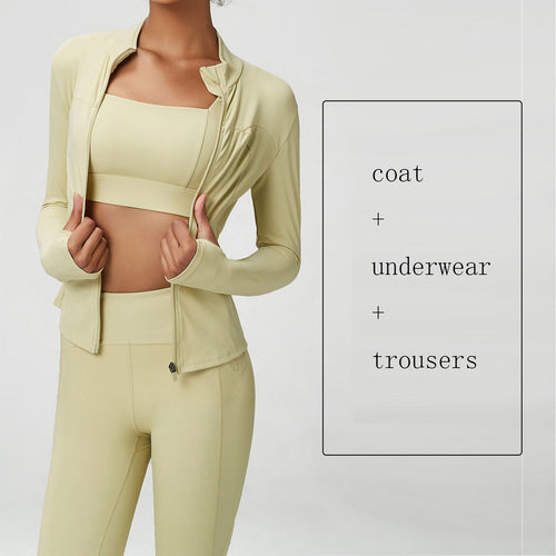 Women's Yoga Wear Suit – Nude Feel Three-Piece Sports & Fitness Set featuring a fitted jacket, crop top, and high-waisted tro