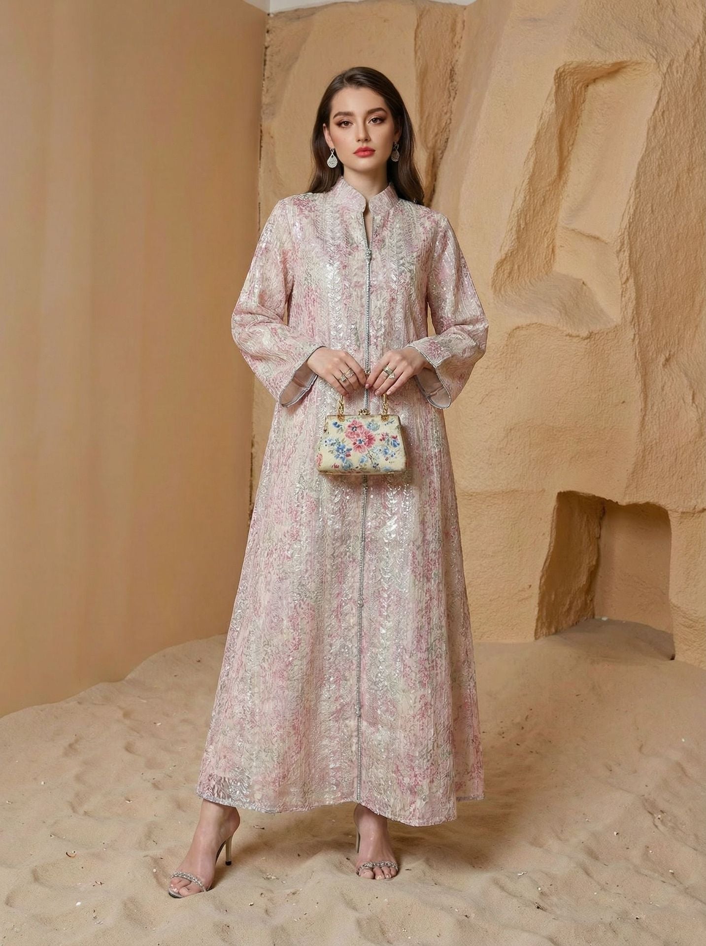 Muslim Women's  Dress with Arabic Print Elegant Dubai-Style Long Robe, Middle Eastern Clothing - Classyfashion24.com