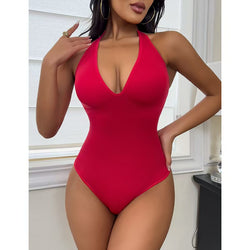 Red Bodyshaper Thong Bodysuit by classyfashionz featuring a seamless design, deep V-neck, and tummy control for shaping.