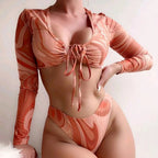 Split long sleeved lace up printed bikini - Classyfashion24.com