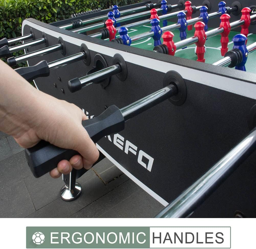 Professional 56-Inch Foosball Table with ergonomic handles and colorful player figures for competitive arcade soccer games.