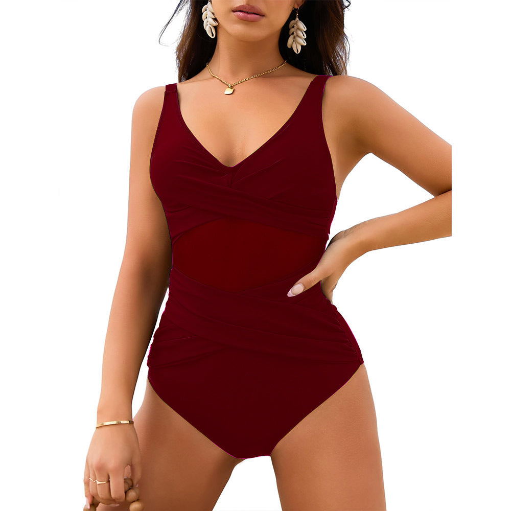 Solid color mesh splicing one-piece swimsuit - Classyfashion24.com