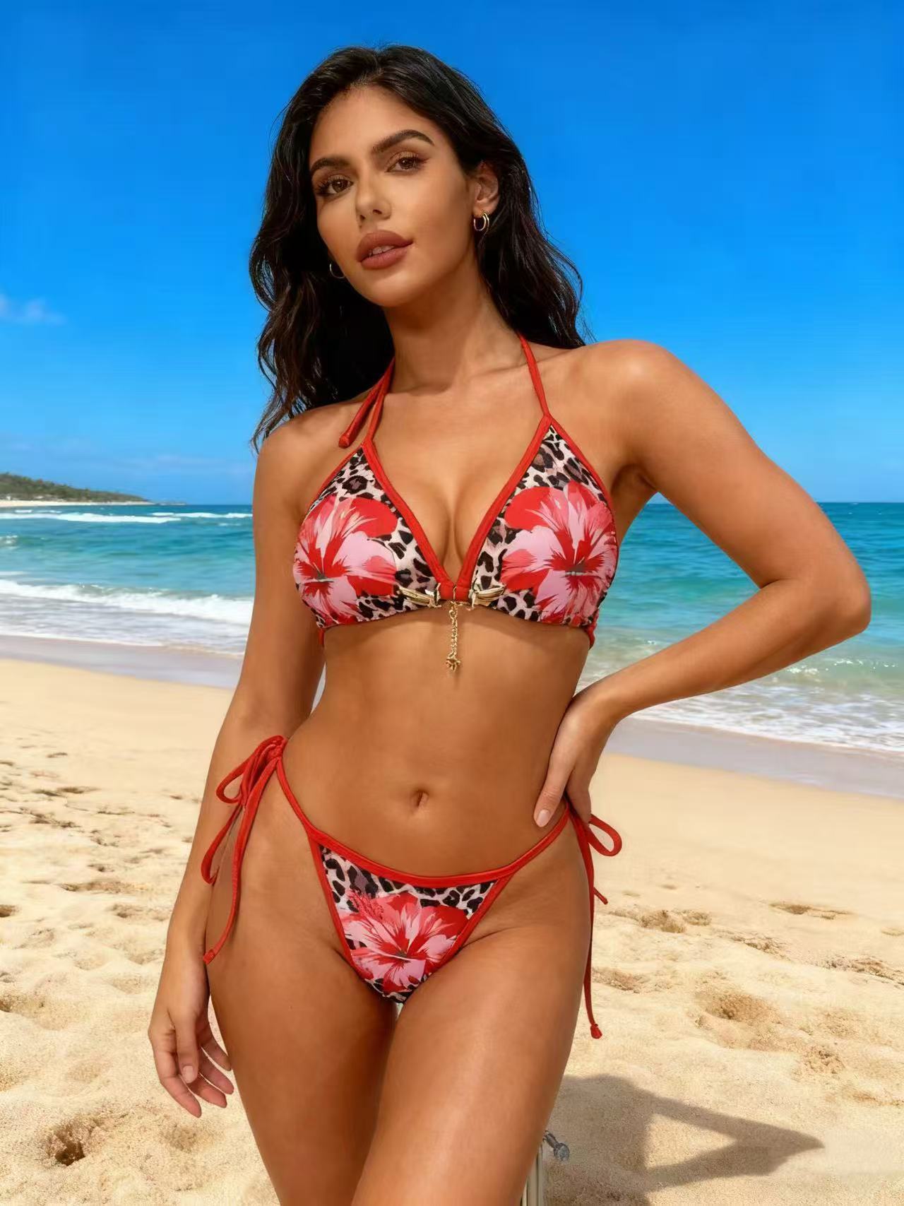 Leopard Print Red Flower Bikini Tie-Up Two-Piece Swimsuit Bikini Export - Classyfashion24.com