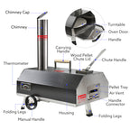 Portable 12" Wood-Fired Outdoor Pizza Oven with rotating turntable, chimney, thermometer, and folding legs for easy transport