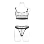 Sexy Women's Mesh Printed Underwear Bra Sex Set featuring a sheer black bra and matching thong on a mannequin.