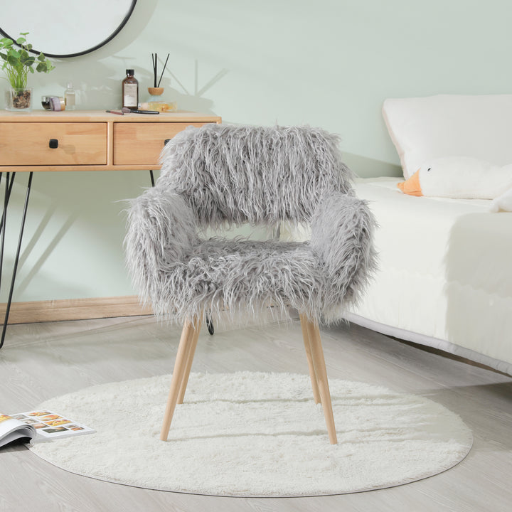 GREY Faux Fur Upholstered Make up chair Side Dining Chair with Metal Leg(GREY+Beech Metal Leg)