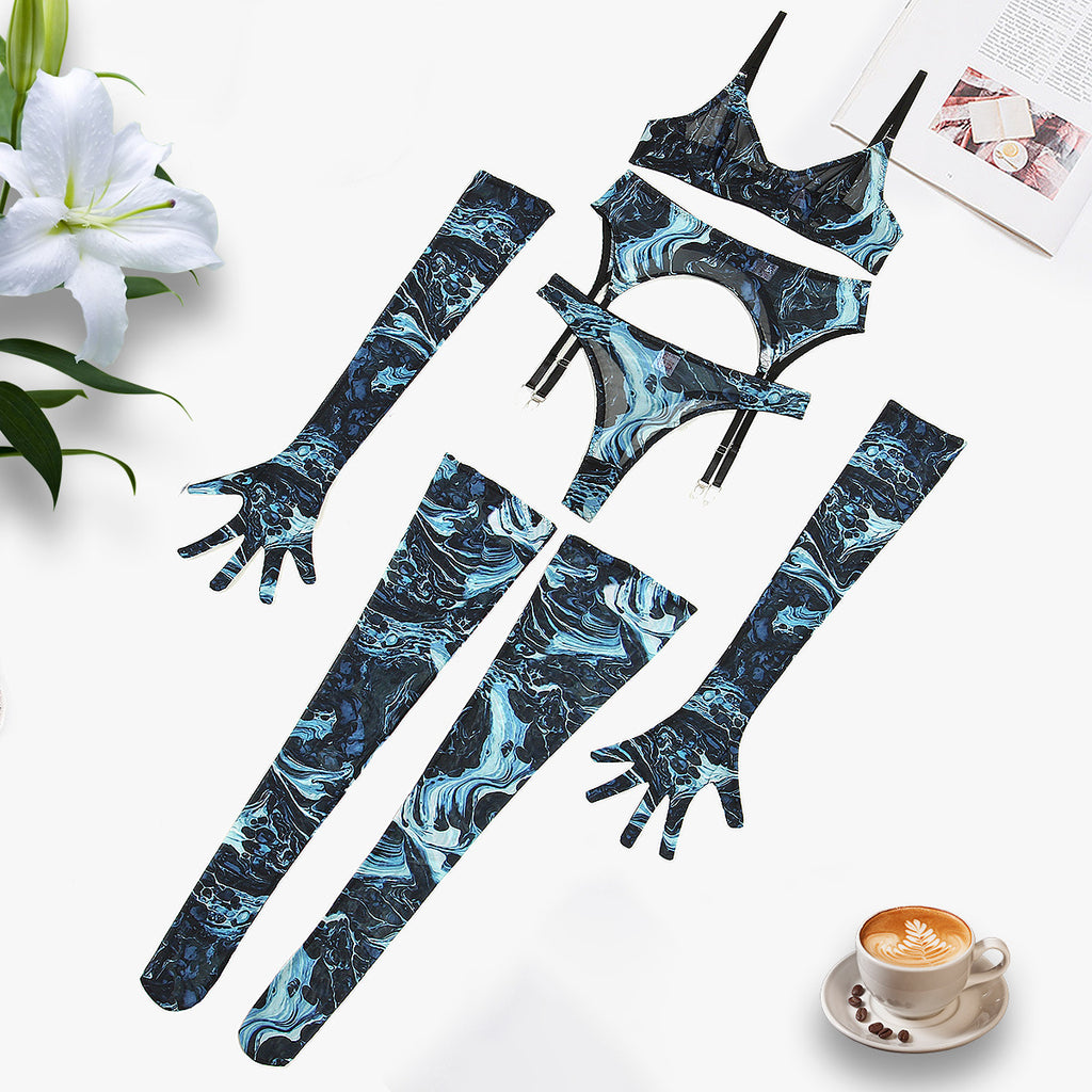 Gathering Mesh Sexy Lingerie – Tie-Dye Colorful Five-Piece Set for Women