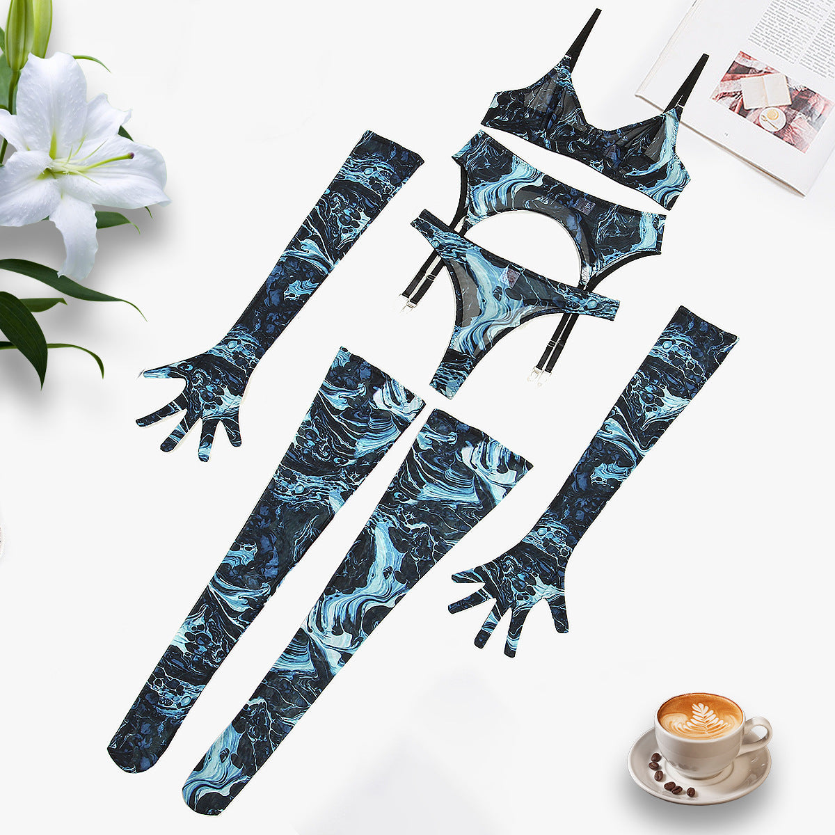 Gathering Mesh Sexy Lingerie – Tie-Dye Colorful Five-Piece Set for Women