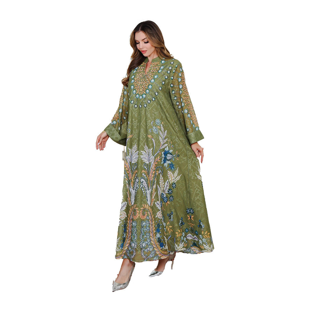 Muslim Women's Printed Dress Middle Eastern Embroidered Beaded Long Robe  Women's Long Skirt - Classyfashion24.com