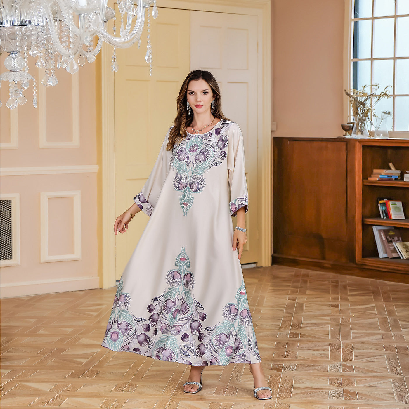 Muslim Rhinestone Printed Long Robe Women's Elegant Middle Eastern Dress Dubai Turkish Abaya Long Dress - Classyfashion24.com