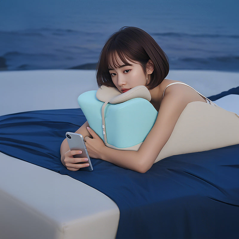 Multi-use Pillows by classyfashionz, featuring a woman using a supportive pillow for reading and phone use on a bed.