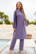 Cap, Drawstring Mock Neck Long Sleeve Top and Pants Swim Set - Classyfashion24.com