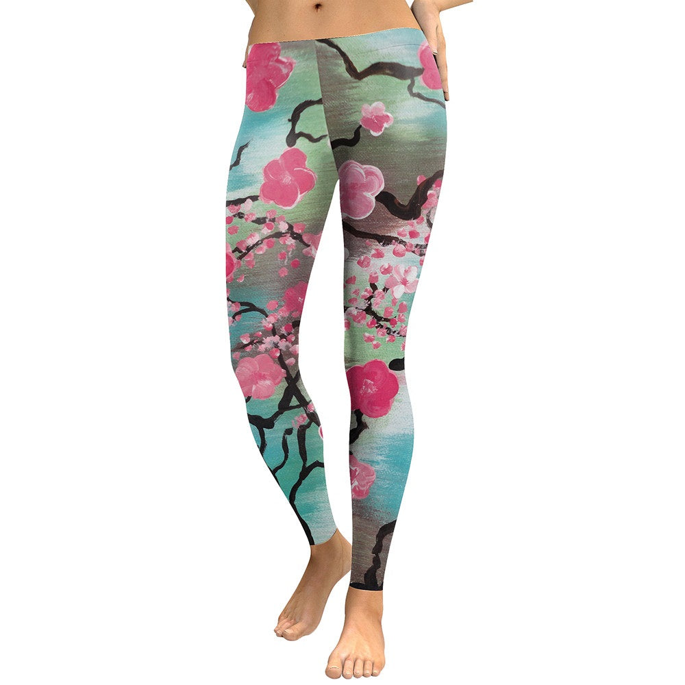 Pink Plum Blossom Leggings – Digital Print High Waist Fitness Workout Pants