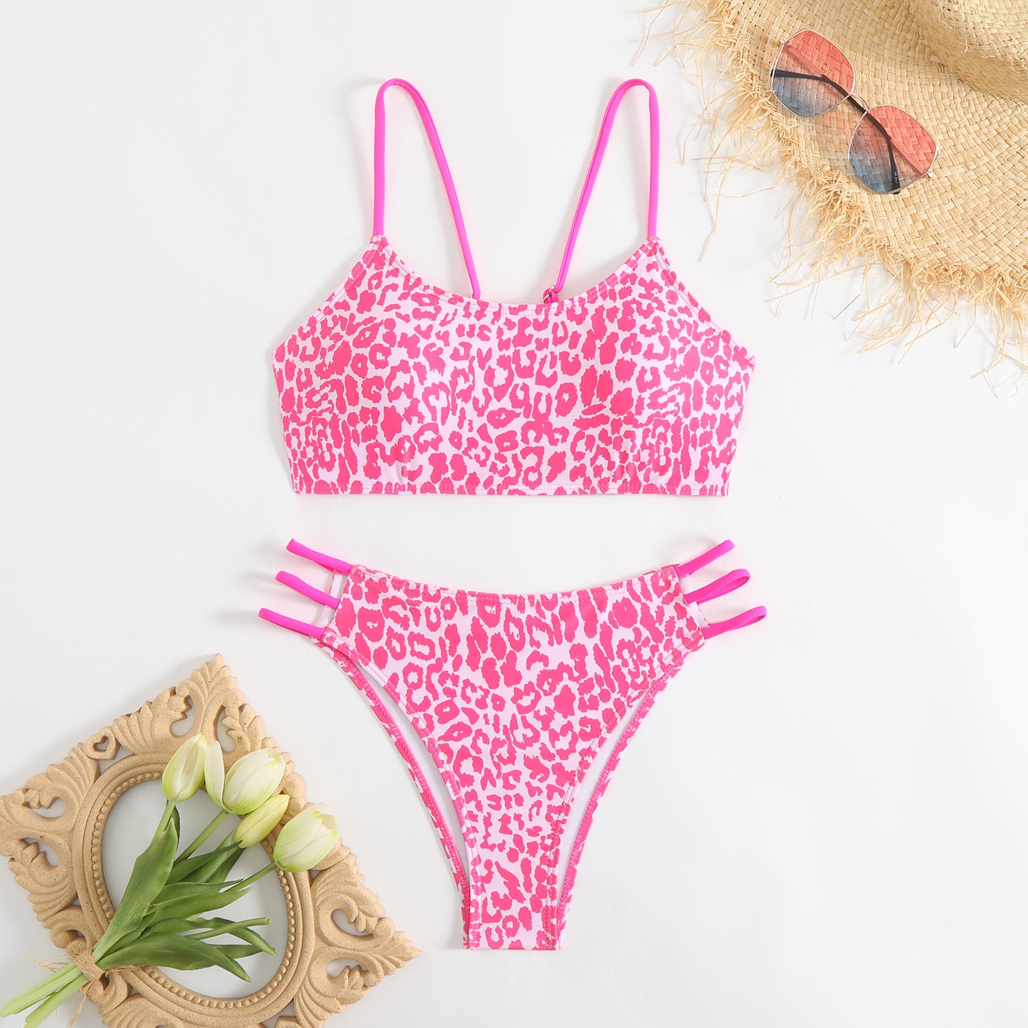 Leopard print multi rope hollow swimsuit bikini - Classyfashion24.com