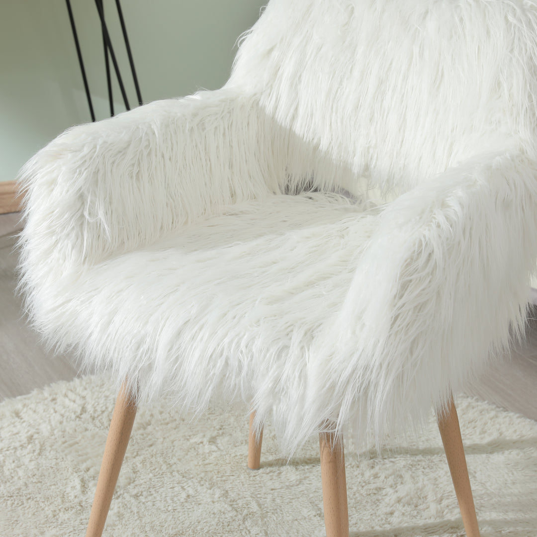 WHITE Faux Fur Upholstered Make up chair Side Dining Chair with Metal Leg(WHITE+Beech Metal Leg)