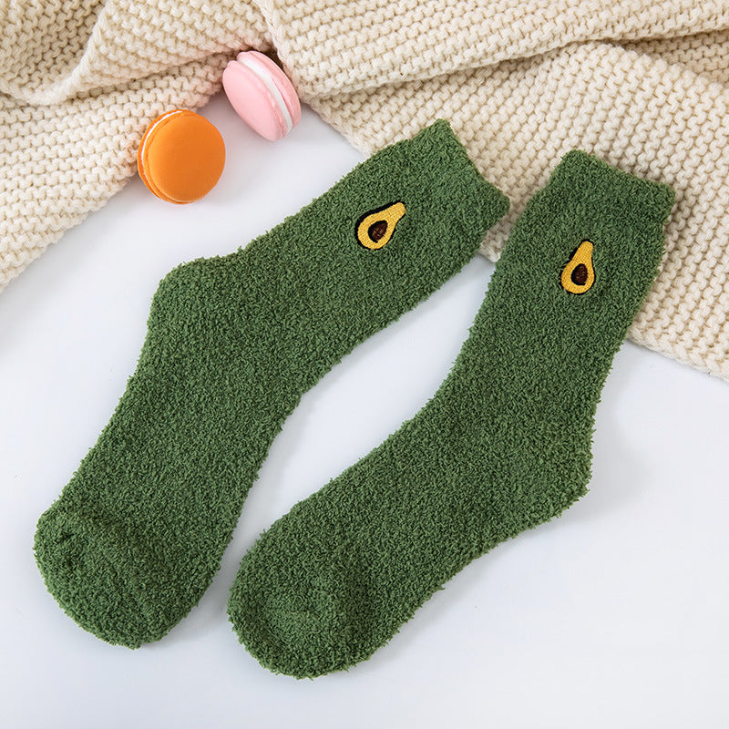 Coral velvet socks embroidered with fruits